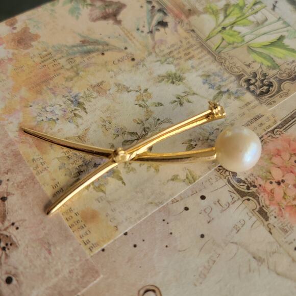 Brooch Women Vintage Pin Modernist Gold Tone Pearl Abstract Sculptural Brooch - Picture 7 of 10